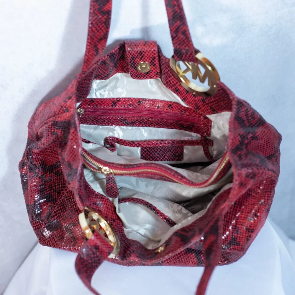 Michael Kors Fulton East-West Tote Red Python Embossed Leather Bag Large